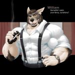  anthro canid canine canis cigarette clothed clothing coyote digital_media_(artwork) echo_(series) echo_project english_text fingers fur hair hi_res male mammal multicolored_body multicolored_fur muscular muscular_anthro muscular_male rujirublkdragon scar smoking solo text the_smoke_room video_games visual_novel william_adler 