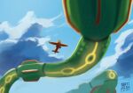  aircraft airplane artist_name blue_sky cloud cloudy_sky commentary dated day english_commentary flying gen_3_pokemon giant giant_monster glowing highres legendary_pokemon natizilda pokemon pokemon_(creature) rayquaza sky 