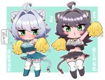  2girls ahoge animal_ear_fluff animal_ears aqua_background arm_up bangs bell black_hair black_panties blush breasts cat_ears cat_girl cat_tail character_name cheerleader chibi clothes_writing commentary_request ear_piercing embarrassed eyebrows_visible_through_hair frilled_skirt frills green_eyes grey_hair hair_between_eyes highres jingle_bell large_breasts long_hair looking_at_viewer midriff mole mole_under_eye mole_under_mouth multiple_girls navel neck_bell ngetyan no_bra open_mouth original outline panties pantyshot piercing pom_poms red_ribbon renge_(ngetyan) ribbon ringe_(ngetyan) short_hair siblings simple_background sisters skirt sweatdrop tail tail_ornament tail_ribbon tank_top thighhighs translated underwear wavy_mouth white_legwear white_outline 