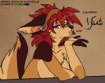  anthro arabic_text ayn black-backed_jackal blue_eyes breasts brown_body brown_fur canid canine canis digital_media_(artwork) ear_piercing female fluff-kevlar fur hair hi_res jackal looking_at_viewer mammal multicolored_body multicolored_fur nude piercing red_hair simple_background solo text 