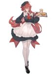  1girl alternate_costume antenna_hair apron bangs beret black_dress black_headwear black_legwear blush breasts burger closed_mouth commentary_request cup diluc_ragnvindr disposable_cup dress enmaided eyebrows_visible_through_hair food french_fries frilled_apron frills full_body genderswap genderswap_(mtf) genshin_impact hat highres holding holding_tray large_breasts long_hair long_sleeves maid maid_apron pantyhose puffy_sleeves red_eyes red_hair shoes skirt solo sweat tabibitowayo tray waist_apron waitress water white_background white_legwear 