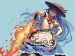  1girl black_headwear blue_background blue_hair blue_sash blue_skirt bow bowtie brown_footwear center_frills closed_mouth commentary cowboy_shot elosia fire flame flaming_sword flaming_weapon floating_hair food frills fruit hand_on_hip hat hinanawi_tenshi leaf long_hair looking_at_viewer outstretched_arm peach planted_sword planted_weapon puffy_short_sleeves puffy_sleeves red_bow red_eyes red_neckwear sash shirt short_sleeves skirt smirk solo sword sword_of_hisou touhou traditional_media v-shaped_eyebrows very_long_hair weapon white_shirt 