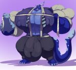  2021 4_toes anthro balls_outline barefoot big_bulge big_muscles big_pecs blue_body blue_countershading bobert bottomwear bruno_tusker bulge clothing countershading dragon feet genital_outline grin holding_object horn huge_bulge huge_muscles huge_pecs hyper hyper_bulge hyper_muscles hyper_pecs looking_at_viewer male meter muscular nipples pants pecs penis_outline plantigrade scalie shirt smile solo standing toes topwear western_dragon 
