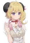  1girl animal_ears asymmetrical_hair blonde_hair blush bow bowtie breasts choker closed_mouth collarbone commentary dress eyebrows_visible_through_hair flower_bracelet grey_dress hair_between_eyes hair_ornament hair_ribbon hairclip headphones headphones_around_neck hololive horns medium_breasts medium_hair official_alternate_costume pink_ribbon purple_eyes red_choker ribbon see-through_sleeves sheep_ears sheep_girl sheep_horns side_ponytail simple_background smile solo striped syhan symbol_commentary tsunomaki_watame upper_body vertical_stripes virtual_youtuber white_background white_bow white_neckwear 
