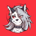  anthro black_nose canid canid_demon collar demon ear_piercing flunky fur fwflunky grey_hair hair hair_over_eye head_tuft headshot_portrait hellhound helluva_boss hi_res looking_aside loona_(vivzmind) mammal multicolored_body multicolored_fur notched_ear one_eye_obstructed piercing portrait red_background red_sclera simple_background smile spiked_collar spikes tuft white_eyes white_inner_ear 