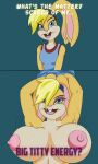  anthro areola big_areola big_breasts blonde_hair blue_eyes breasts female floppy_breasts hair hi_res huge_breasts lagomorph leporid lola_bunny looney_tunes makeup mammal presenting presenting_breasts rabbit solo space_jam text theshamelessfreak warner_brothers 