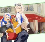  2girls alternate_costume anchor_hair_ornament apron ass bag baguette bangs beret black_apron blonde_hair blue_eyes blue_hair blue_scarf box bread commandant_teste_(kancolle) commentary_request cowboy_shot denim eyewear_on_head food frilled_apron frills hair_between_eyes hair_ornament hat high-waist_pants highres jeans kantai_collection long_hair mole mole_under_eye mole_under_mouth multicolored_hair multiple_girls official_alternate_costume panda_(heart_sink) pants paper_bag ponytail red_hair richelieu_(kancolle) scarf shirt streaked_hair sunglasses swept_bangs wavy_hair white_hair white_headwear white_shirt 