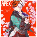  1girl apex_legends bandaged_hands bandages blue_eyes brown_skirt cherry_blossoms chinese_commentary crypto_tefuir eyeshadow flower gun head_tilt holding holding_gun holding_knife holding_weapon japanese_clothes knife kunai makeup mask mask_on_head obi official_alternate_costume oni_mask pink_flower red_eyeshadow revolver sash skirt solo weapon white_hair wraith_(apex_legends) 