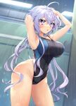  1girl ahoge black_swimsuit breasts commentary_request competition_swimsuit covered_navel cowboy_shot highleg highleg_swimsuit highres large_breasts light_purple_hair one-piece_swimsuit purple_eyes senki_zesshou_symphogear showering solo standing swimsuit wada_chiyon yoshi_tama yukine_chris 