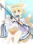  animal_ears arknights kitsune momio pantsu pantyhose skirt_lift tail wardrobe_malfunction weapon 