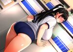  1girl ass bangs black_hair blue_buruma blush book bookshelf breasts buruma covered_nipples dutch_angle gym_uniform hair_ribbon large_breasts long_hair looking_at_viewer monpuchi natsu_ga_owaru_made open_mouth ponytail purple_eyes ribbon shiny shiny_skin solo tachibana_yui_(natsu_ga_owaru_made) 