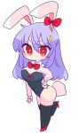  1girl animal_ears ass bangs black_legwear bow breasts bunny_ears bunny_tail chibi high_heels highres light_purple_hair long_hair medium_breasts moon_rabbit op_na_yarou playboy_bunny purple_hair red_bow red_eyes red_footwear red_neckwear reisen_udongein_inaba tail thighhighs touhou 