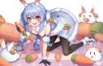  1girl absurdres all_fours animal_ear_fluff animal_ears bare_shoulders black_gloves black_legwear blue_hair braid breasts bunny_ears bunny_tail carrot carrot_hair_ornament chirang commentary_request eating eyebrows_visible_through_hair food_themed_hair_ornament fur_trim gloves hair_ornament highres hololive long_hair multicolored_hair nousagi_(usada_pekora) open_mouth orange_eyes pantyhose small_breasts smile tail thick_eyebrows twin_braids two-tone_hair usada_pekora virtual_youtuber white_hair 