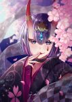  1girl bangs black_kimono bob_cut breasts cherry_blossoms eyeliner fang fate/grand_order fate_(series) floral_print headpiece highres horn_ornament horn_ring horns ichino_tomizuki japanese_clothes kimono long_sleeves looking_at_viewer lostroom_outfit_(fate) makeup oni oni_horns petals purple_eyes purple_hair sash short_hair shuten_douji_(fate) skin-covered_horns small_breasts smile tongue tongue_out tree wide_sleeves 