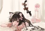  animal_ears ass black_eyes bow brown_hair catgirl headband long_hair original panties tagme_(artist) tail underwear 