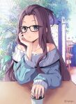  1girl bare_shoulders black-framed_eyewear blue_eyes blue_sweater blush brown_hair chair coffee_cup commentary_request cup disposable_cup eighth_note forehead glasses hand_up highres indoors kagamihara_sakura long_hair long_sleeves musical_note nyanya off-shoulder_sweater off_shoulder parted_lips sleeves_past_wrists solo sweater table twitter_username upper_body very_long_hair yurucamp 