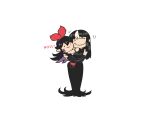  2girls :3 bangs black_border black_dress black_eyes black_hair blunt_bangs blush_stickers border bow bow_hairband breasts closed_eyes closed_mouth dress emphasis_lines grass_skirt hair_between_eyes hair_bow hairband highres hug large_breasts long_fingers long_hair looking_at_viewer monster_girl motherly multicolored_hair multiple_girls noss_(rariatto) original pointy_ears rariatto_(ganguri) red_bow red_hairband red_shirt ribbed_dress shirt sidelocks simple_background streaked_hair striped striped_legwear symbol_commentary vampire white_background white_hair zakuro_(rariatto) 