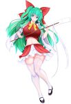  1girl absurdres ascot bow breasts cosplay costume_switch detached_sleeves frilled_bow frills frog_hair_ornament gohei green_eyes green_hair hair_bow hair_ornament hair_tubes hakurei_reimu hakurei_reimu_(cosplay) highres japanese_clothes kochiya_sanae kou_(inaba) large_breasts long_hair miko miniskirt navel nontraditional_miko red_bow ribbon-trimmed_sleeves ribbon_trim shirt sidelocks skirt skirt_set sleeveless sleeveless_shirt snake_hair_ornament thick_thighs thighs touhou white_legwear wide_sleeves yellow_neckwear 