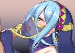  1girl azura_(fire_emblem) bar_censor blue_hair censored cum cum_in_mouth ebon fellatio fellatio_under_mask fingerless_gloves fire_emblem fire_emblem_fates foreskin gloves gradient gradient_background hair_between_eyes handjob highres jewelry male_pubic_hair mouth_veil oral penis phimosis profile pubic_hair smegma smegma_in_mouth solo_focus veil yellow_eyes 