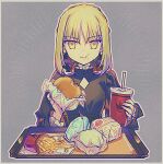  1girl artoria_pendragon_(all) black_dress blonde_hair braid burger cup dress drinking_straw eating fate/hollow_ataraxia fate_(series) food food_in_mouth food_on_face french_braid french_fries outline saber_alter shionty sidelocks solo tray upper_body yellow_eyes 