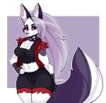  anthro blush canid canid_demon canine clothed clothing collar demon ear_piercing female fluffy fluffy_tail fur hair hellhound helluva_boss hi_res loona_(vivzmind) mammal piercing red_eyes simple_background solo tanookiluna torn_clothing 