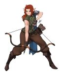  1girl airisubaka arrow_(projectile) artist_name bare_arms belt black_gloves blue_cape boots bow_(weapon) brown_footwear brown_hair brown_pants cape commentary drawing_bow eyes_visible_through_hair fingerless_gloves forehead full_body gambeson gloves green_eyes highres holding holding_bow_(weapon) holding_weapon legs_apart long_hair original pants pointy_ears puffy_pants quiver serious short_sleeves signature simple_background solo symbol_commentary v-shaped_eyebrows weapon white_background 