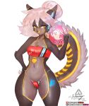  anthro bikini butt_from_the_front clothed clothing domestic_cat felid feline felis female girlsay hair hand_on_hip hi_res mammal pink_hair simple_background skimpy solo swimwear warning_(fluff-kevlar) white_background wide_hips 