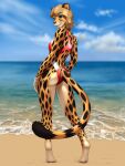  2021 anthro beach black_body black_fur butt_pose cheetah clothing felid feline female fur hi_res lifeguard_swimsuit mammal mykegreywolf one-piece_swimsuit orange_body orange_fur pose rear_view sand sea seaside solo spots spotted_body spotted_fur swimwear water 