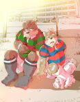  2021 anthro bottomwear canid canine canis clothing domestic_dog duo hand_holding hi_res kemono male male/male mammal outside overweight overweight_male rugby sansan_ocha shirt shorts sitting topwear ursid 