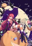  1girl :d absurdres aiee alternate_breast_size bare_shoulders black_footwear black_gloves boots breasts candy chinese_commentary elbow_gloves food from_side gloves halloween hat high_heel_boots high_heels highres legs medium_breasts moon night open_mouth orange_legwear pumpkin red_eyes red_hair shakugan_no_shana shana smile solo striped striped_legwear thighhighs witch_hat 