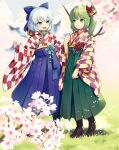  2girls blue_eyes blue_hair blue_hakama boots bow brown_footwear cirno cross-laced_footwear daiyousei fairy_wings flower grass green_eyes green_hair green_hakama hair_bow hair_flower hair_ornament hakama high_heel_boots high_heels ice ice_wings japanese_clothes lace-up_boots meiji_schoolgirl_uniform multiple_girls open_mouth short_hair side_ponytail smile tomobe_kinuko touhou wide_sleeves wings yagasuri 