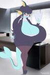  absurd_res anthro big_breasts black_hair blush breasts bulge cleavage clothed clothing eeveelution gynomorph hair hi_res huge_breasts hyper hyper_breasts intersex lips lipstick looking_at_viewer makeup nintendo nirriti office pok&eacute;mon pok&eacute;mon_(species) ponytail solo vaporeon video_games 