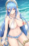  1girl azura_(fire_emblem) ball beach beachball bikini bikini_pull blue_hair breasts chiyo_(pk19981234) closed_mouth clothes_pull commentary eyebrows_visible_through_hair fire_emblem fire_emblem_fates flower hair_between_eyes highres large_breasts long_hair looking_at_viewer navel nipples ocean sand sitting smile solo swimsuit undressing white_bikini yellow_eyes 