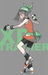  1girl bangs bike_shorts black_legwear brown_hair closed_mouth commentary dress eyelashes fanny_pack full_body gloves green_bag green_bandana grey_background grey_eyes highres holding holding_poke_ball ittumozzz may_(pokemon) orange_dress poke_ball pokemon pokemon_(game) pokemon_emerald pokemon_rse premier_ball shoes short_dress socks solo standing standing_on_one_leg white_footwear 