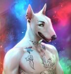  anthro bull_terrier canid canine canis domestic_dog ear_piercing facial_piercing fur green_eyes hi_res hunting_dog lostgoose male mammal nose_piercing nose_ring piercing portrait solo tattoo terrier white_body white_fur 