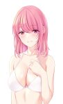  1girl absurdres bare_arms bare_shoulders bikini blush breasts cleavage collarbone hand_on_own_chest highres long_hair looking_at_viewer marui_koishi medium_breasts original parted_lips pink_eyes pink_hair simple_background smile solo swimsuit upper_body white_background white_bikini 