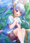  1girl :d animal_ear_fluff animal_ears bangs blue_hair blue_shirt blurry blurry_background blush brown_shorts bunny-shaped_pupils bunny_ears bunny_hair_ornament bunny_tail day eyebrows_visible_through_hair feet_out_of_frame hair_ornament highres holding holding_rope hololive long_hair magowasabi motion_blur open_mouth red_eyes rope shirt short_eyebrows short_sleeves shorts sidelocks signature sitting smile socks solo swing tail thick_eyebrows twintails twitter_username usada_pekora virtual_youtuber white_legwear younger 
