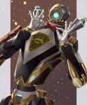  1other absurdres adjusting_neckwear alternate_costume apex_legends bow bowtie brown_background hands_up highres narukamiarei pathfinder_(apex_legends) red_bow robot simple_background standing two-tone_background upper_body 