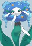  blue_background blush brown_eyes elemental_creature female finger_to_mouth flora_fauna florges half-closed_eyes humanoid looking_at_viewer monuke30 narrowed_eyes nintendo open_mouth plant pok&eacute;mon pok&eacute;mon_(species) simple_background video_games 