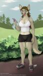  absurd_res anthro athletic athletic_anthro breasts canid canine canis cleavage clothed clothing coyote ears_up eyewear female footwear glasses hi_res kenzie_keener mammal midriff midriff_baring_shirt oneflymagpie phone shoes smile sneakers solo spandex_shorts teeth teeth_showing 