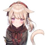  1girl :&lt; animal_ears bangs black_jacket blush cat_ears cat_girl cat_tail closed_mouth commentary ears_down eyebrows_visible_through_hair final_fantasy final_fantasy_xiv jacket light_brown_hair long_hair looking_at_viewer midorikawa_you miqo&#039;te ponytail purple_eyes simple_background solo symbol_commentary tail tail_raised upper_body whisker_markings white_background 