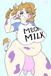  2017 2021 anthro biped blonde_hair bottomless bovid bovine breasts cattle clothed clothing ears_back english_text female fur green_eyes hair hi_res hirurux horn looking_at_viewer mammal mega_milk meme navel pink_nose pivoted_ears purple_body purple_fur shirt signature slightly_chubby solo spots spotted_body spotted_fur tail_tuft teats text topwear tuft udders white_body white_fur 
