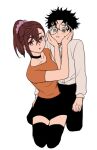  1boy 1girl ayase_momo black_choker black_hair black_pants black_skirt black_thighhighs breasts brown_eyes brown_hair choker closed_mouth collarbone commentary crossed_bangs dandadan earrings full_body glasses hair_ornament hair_scrunchie hands_on_another's_cheeks hands_on_another's_face high_ponytail jewelry light_blush long_sleeves looking_at_another looking_at_viewer messy_hair miniskirt official_alternate_hairstyle orange_shirt pants parted_lips ponytail purple_scrunchie red_eyes rotomem round_eyewear scrunchie seiza shirt short_hair short_sleeves single_sidelock sitting sitting_on_lap sitting_on_person skirt sweatdrop symbol-only_commentary takakura_ken_(dandadan) thighhighs white_background white_shirt zettai_ryouiki 