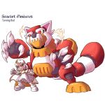  2000s_(style) android brown_eyes character_name claws cloak commentary copyright_name english_commentary full_body highres karakatodzo mechanization mega_man_(series) mega_man_zero_(series) meilin_lee nakayama_tooru_(style) non-humanoid_robot parody red_eyes red_panda red_panda_girl robot robot_animal shirt simple_background skirt standing style_parody turning_red white_background white_skirt 