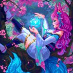  1girl ahri animal_ears animated artist_name cherry_blossoms commentary dress english_commentary fingernails flower forest fox_ears fox_girl league_of_legends long_fingernails long_hair michspich nature orb pink_hair pixel_art solo thighhighs tree 