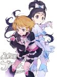  2girls black_hair brown_hair capelet clenched_teeth commentary_request cure_black cure_white earrings fingerless_gloves futari_wa_precure glint gloves hano_luno heart heart_earrings highres jewelry leg_warmers long_hair looking_at_viewer looking_back magical_girl midriff misumi_nagisa multiple_girls precure short_hair simple_background skirt teeth white_background yukishiro_honoka 