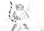  2021 anthro black_and_white bodily_fluids breast_squeeze breasts dreamworks felid female front_view genitals kung_fu_panda lactating line_art mammal master_tigress milk monochrome nude open_mouth pantherine portrait pussy sabrotiger sitting solo three-quarter_portrait tiger 