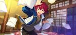  1boy arm_up clenched_hand cowboy_shot datenshi_no_bansankai_(ensemble_stars!) drawstring ensemble_stars! fingernails game_cg grey_shirt indoors jacket long_sleeves looking_at_viewer male_focus official_art open_clothes open_jacket open_mouth pillow pillow_fight purple_eyes red_hair shirt short_hair smile solo sparkle suou_tsukasa teeth third-party_source upper_teeth_only 