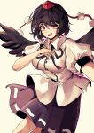  1girl absurdres bilingual_commentary black_hair black_ribbon black_skirt black_wings breasts commentary feathered_wings fingernails hand_on_own_chest hat highres looking_at_viewer medium_breasts mixed-language_commentary neck_ribbon pom_pom_(clothes) puffy_short_sleeves puffy_sleeves red_eyes ribbon shameimaru_aya shirt short_hair short_sleeves simple_background skirt smile solo teeth thick_eyebrows tokin_hat touhou upper_teeth_only user_jnhm8724 white_background white_shirt wings 