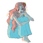  1girl blueberriena body_freckles bracelet commentary curled_up dress earrings english_commentary flower freckles full_body hair_flower hair_ornament heart hibiscus highres jewelry long_dress long_hair one_piece portgas_d._rouge sidelighting smile solo sparkle twitter_username 